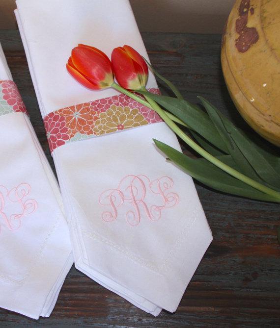 Ella Monogrammed Embroidered Cloth Napkins - Set of 4 napkins - White Tulip Embroidery