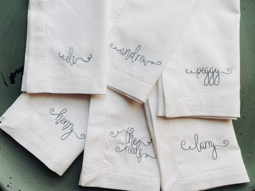 Embroidered Name Napkins, Set of 4 Names Cloth napkins - White Tulip Embroidery