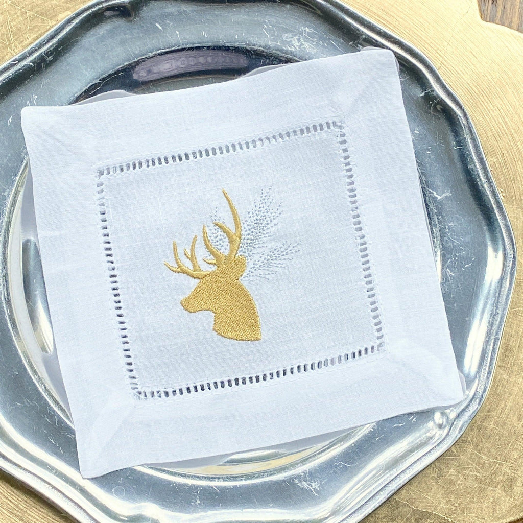 Evergreen Deer Embroidered Cloth Linen Cocktail Napkins - Set of 4 reindeer napkins - White Tulip Embroidery
