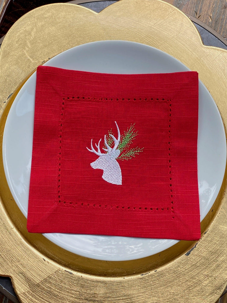 Evergreen Deer Embroidered Cloth Linen Cocktail Napkins - Set of 4 reindeer napkins - White Tulip Embroidery