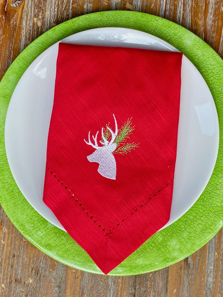 Evergreen Deer Embroidered Cloth Napkins - Set of 4 napkins - White Tulip Embroidery