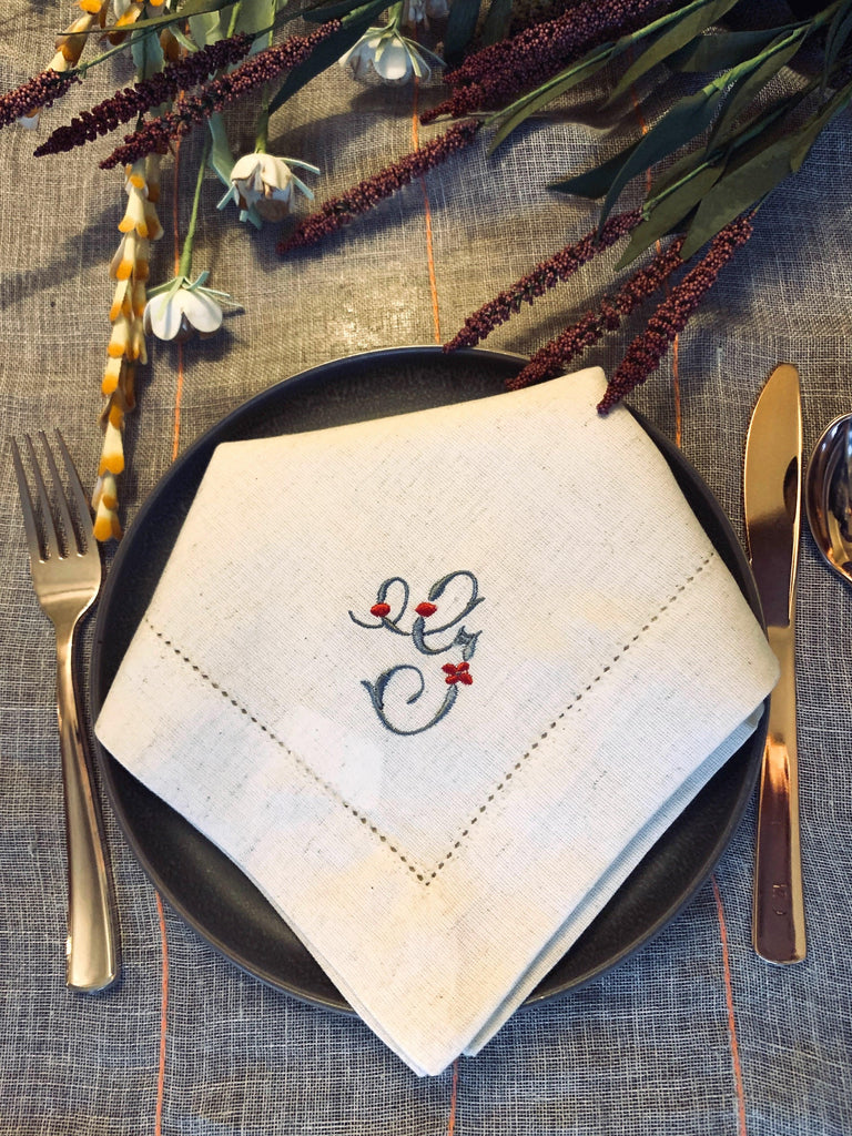 Floral Berry Monogrammed Embroidered Cloth Napkins - Set of 4 napkins - White Tulip Embroidery