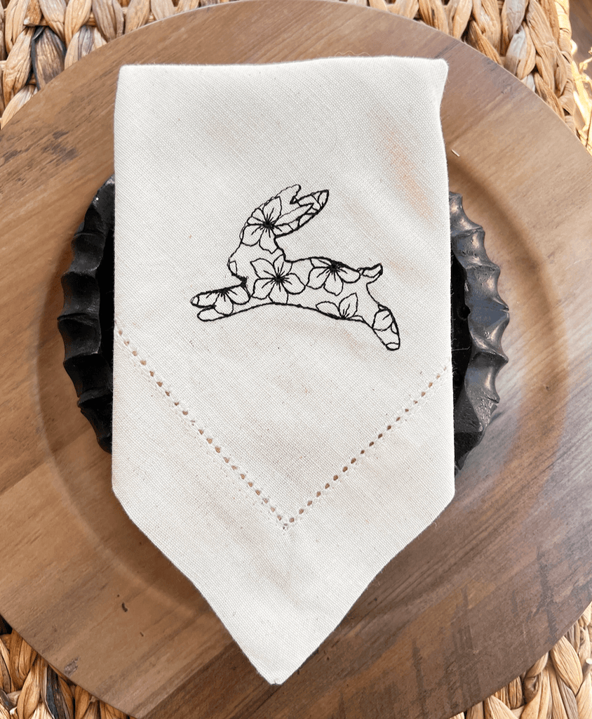 Flower Easter Bunny Embroidered Cloth Napkins - Set of 4 napkins - White Tulip Embroidery