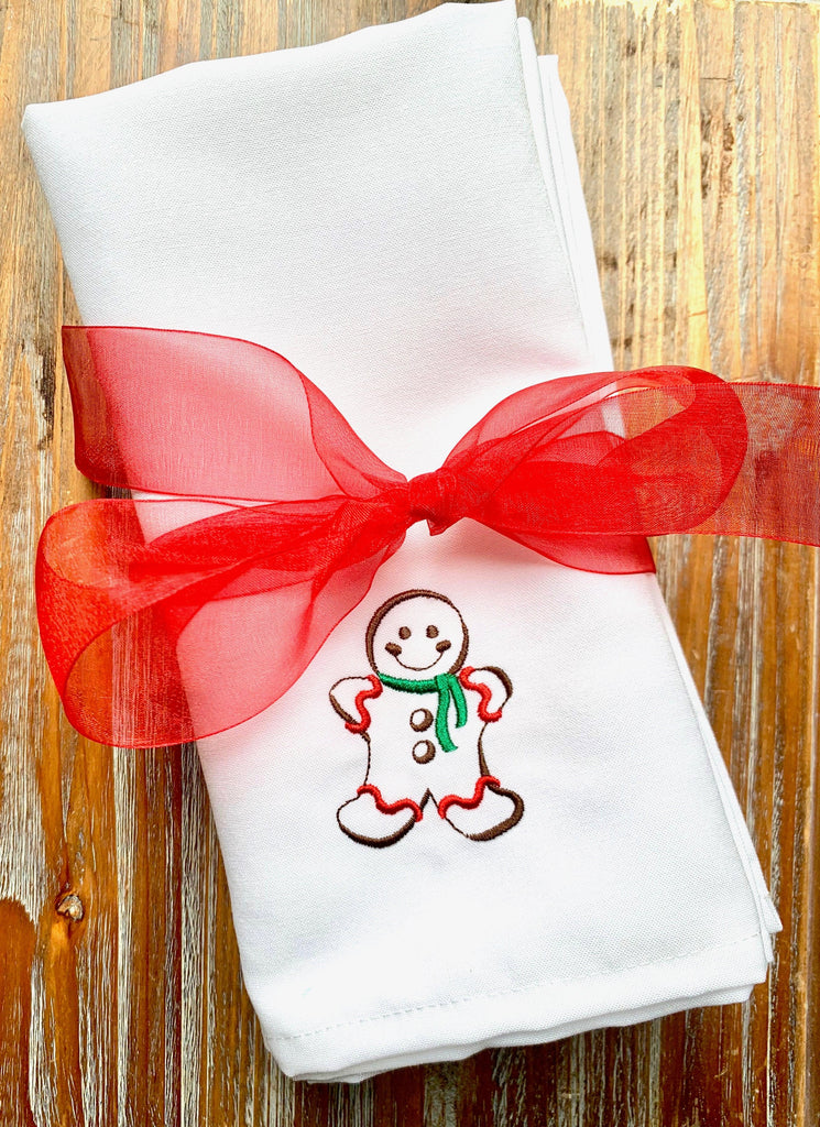 Gingerbread Cloth Napkins - Set of 4 Christmas napkins - White Tulip Embroidery