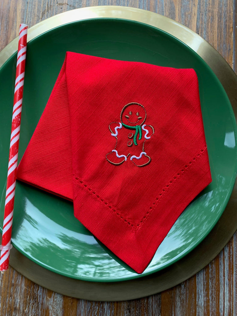 Gingerbread Cloth Napkins - Set of 4 Christmas napkins - White Tulip Embroidery