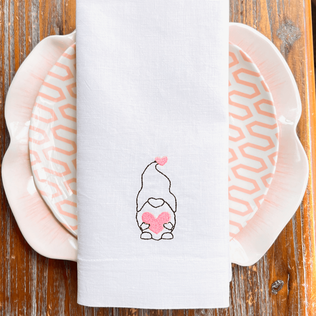 Gnome Heart Embroidered Cloth Napkins - Set of 4 napkins - White Tulip Embroidery