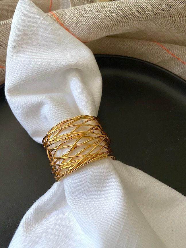 Gold Napkin Rings, Set of 6, Wire gold napkins rings - White Tulip Embroidery