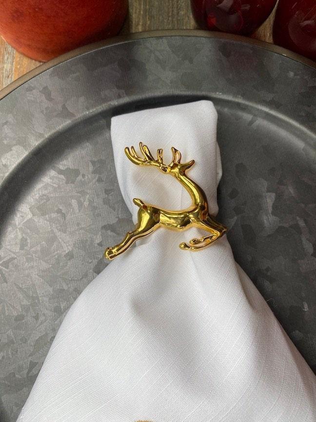 Gold Reindeer Napkin Rings, Set of 6, Gold Christmas metal napkin rings - White Tulip Embroidery