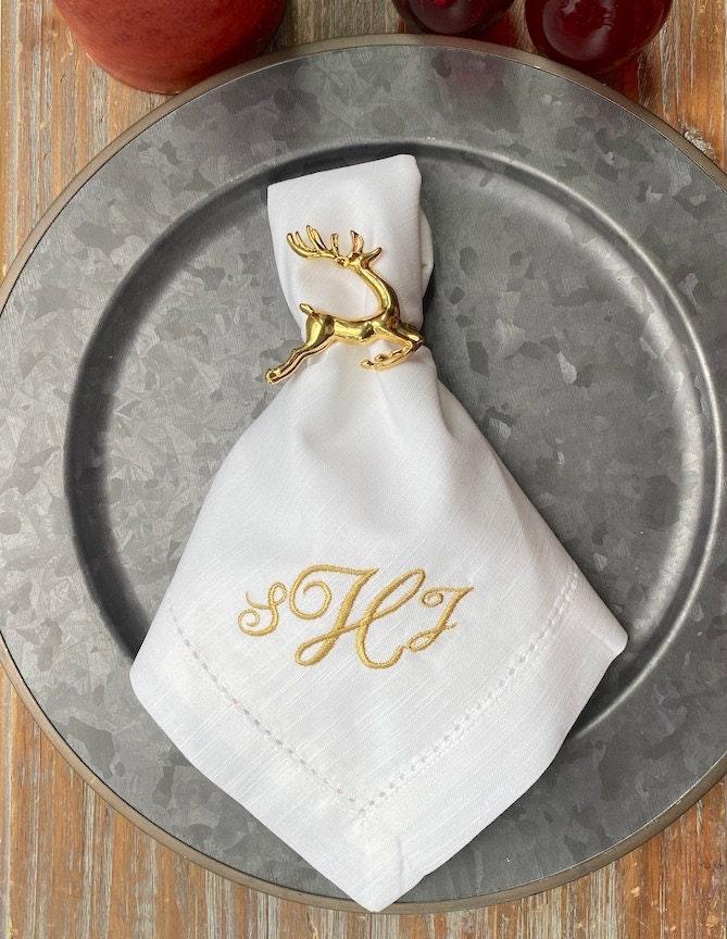Gold Reindeer Napkin Rings, Set of 6, Gold Christmas metal napkin rings - White Tulip Embroidery