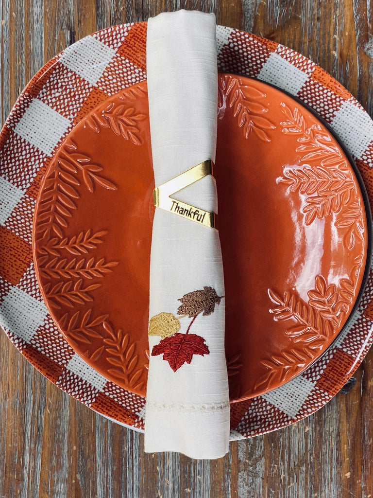Gold Thankful Metal Napkin Rings, Set of 6, Thanksgiving napkin rings - White Tulip Embroidery