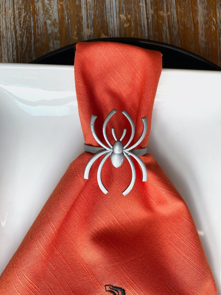 Halloween Silver Spider Napkin Rings, Set of 6, Metal Spider Halloweeen napkin rings, Silver Spider Napkin Rings - White Tulip Embroidery