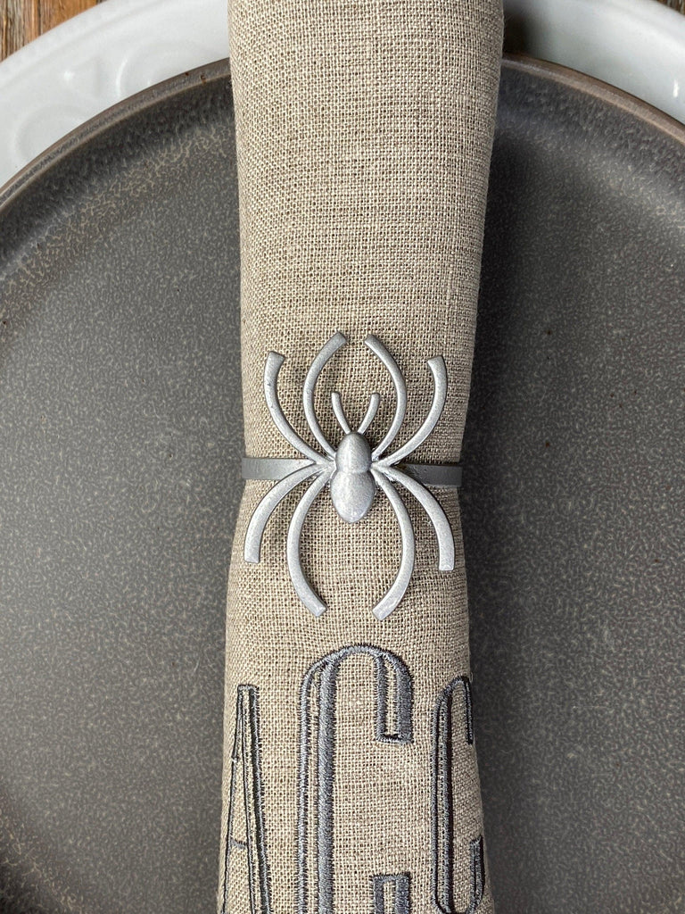 Halloween Silver Spider Napkin Rings, Set of 6, Metal Spider Halloweeen napkin rings, Silver Spider Napkin Rings - White Tulip Embroidery