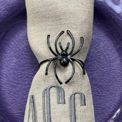 Halloween Spider Napkin Rings, Set of 6, Metal Spider Halloweeen napkin rings, Black Spider Napkin Rings - White Tulip Embroidery