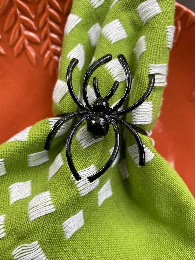 Halloween Spider Napkin Rings, Set of 6, Metal Spider Halloweeen napkin rings, Black Spider Napkin Rings - White Tulip Embroidery