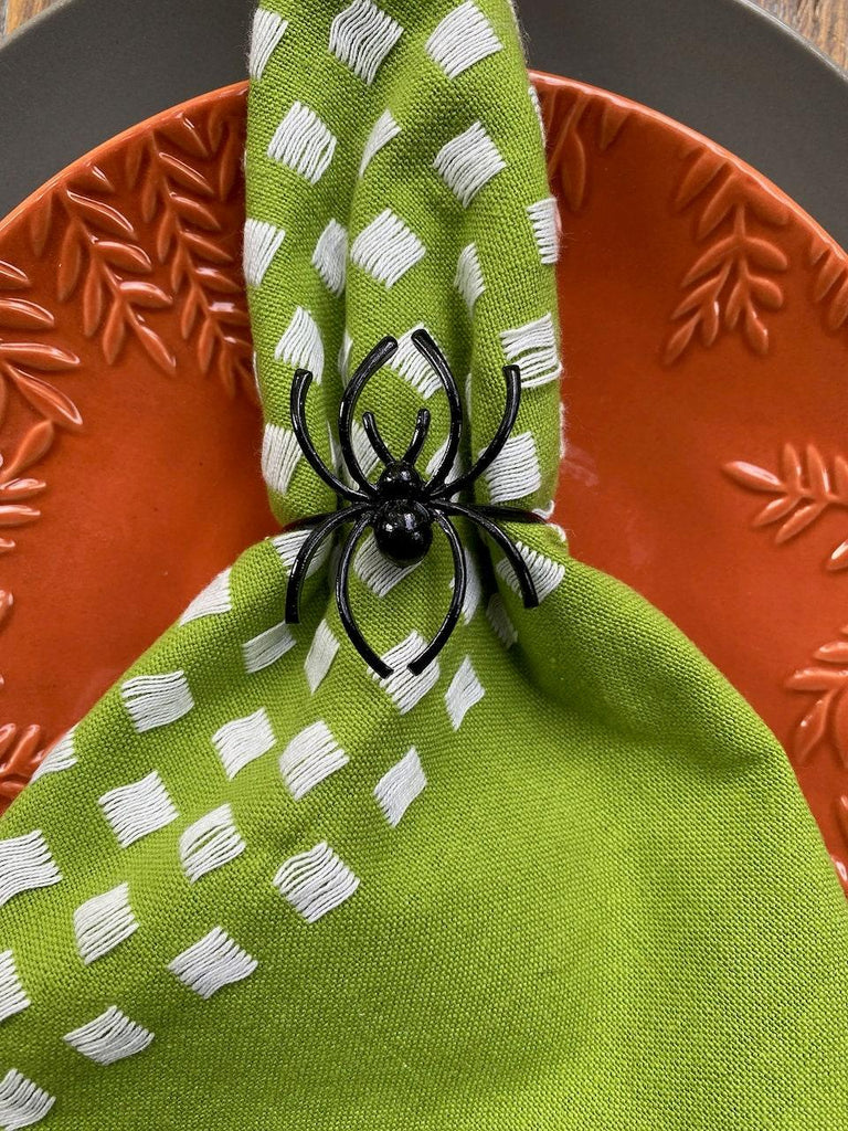 Halloween Spider Napkin Rings, Set of 6, Metal Spider Halloweeen napkin rings, Black Spider Napkin Rings - White Tulip Embroidery