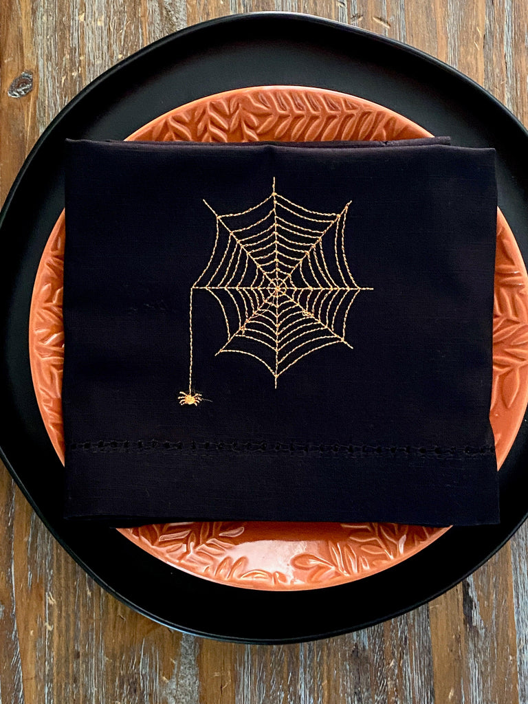 Halloween Spider Napkins - Set of 4 cloth napkins - White Tulip Embroidery