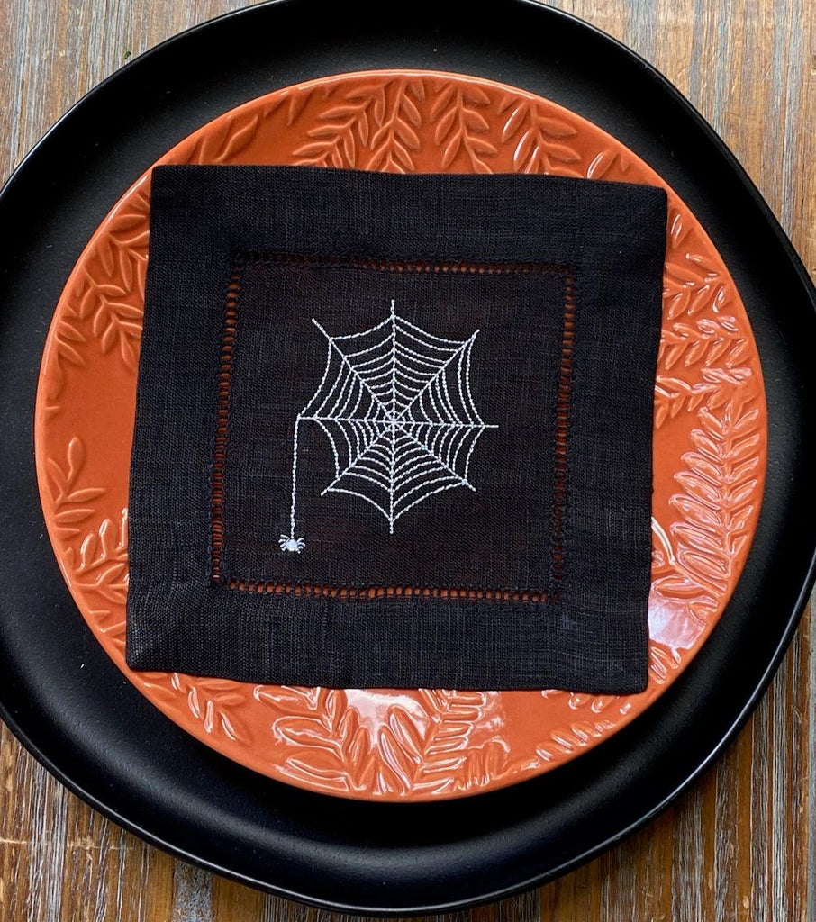 Halloween Spider Web Cloth Cocktail Napkins, Set of 4 - White Tulip Embroidery
