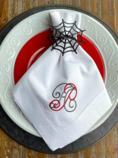 Halloween Spider Web Napkin Rings, Set of 6, Metal Spider Halloweeen napkin rings - White Tulip Embroidery