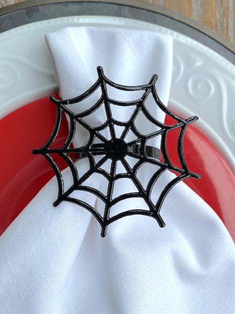 Halloween Spider Web Napkin Rings, Set of 6, Metal Spider Halloweeen napkin rings - White Tulip Embroidery