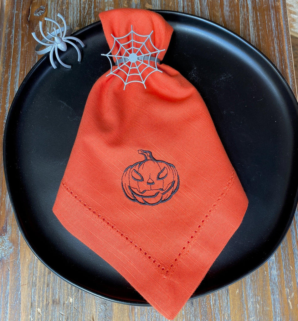 Halloween Spider Web Napkin Rings, Set of 6, Silver Metal Spider Halloweeen napkin rings - White Tulip Embroidery