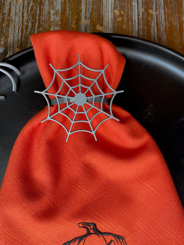 Halloween Spider Web Napkin Rings, Set of 6, Silver Metal Spider Halloweeen napkin rings - White Tulip Embroidery