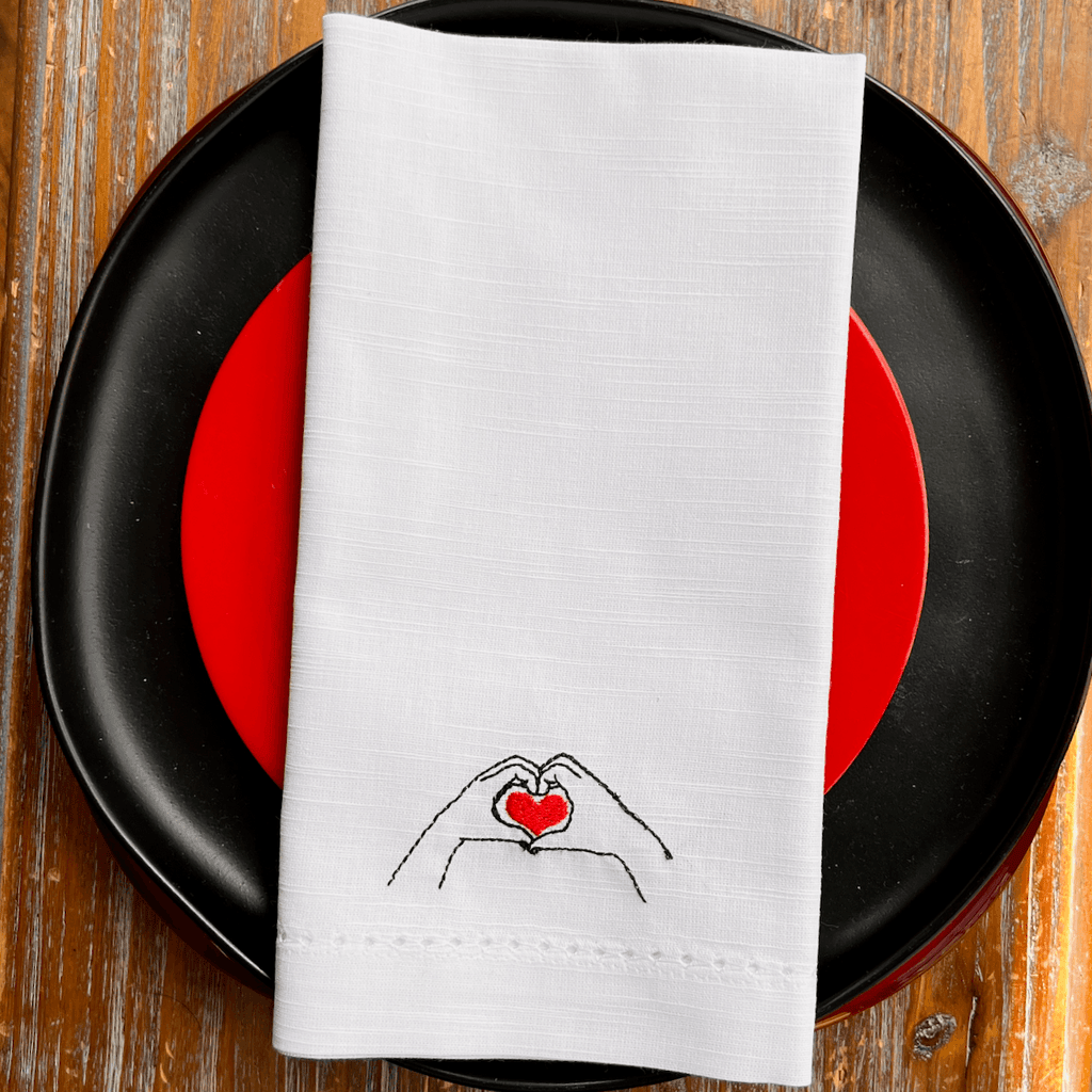 Hands Heart Embroidered Cloth Napkins - Set of 4 napkins - White Tulip Embroidery