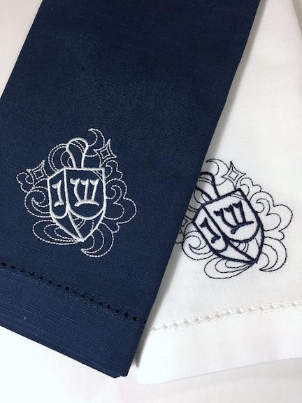 Hanukkah Dreidel Cloth Napkins - Set of 4 napkins, Blue Napkins - White Tulip Embroidery