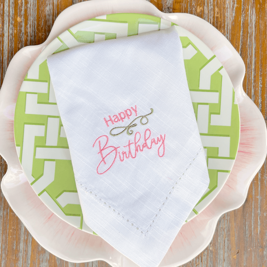 Happy Birthday Embroidered Cloth Napkins - Set of 4 napkins - White Tulip Embroidery