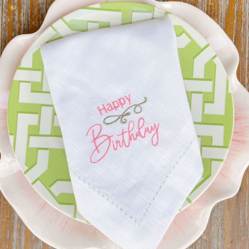 Happy Birthday Embroidered Cloth Napkins - Set of 4 napkins - White Tulip Embroidery