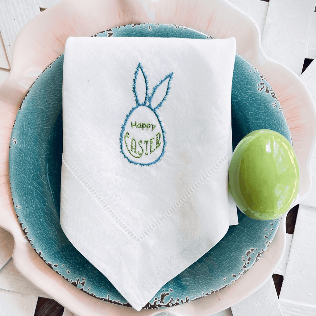 Happy Easter Egg Embroidered Cloth Napkins - Set of 4 - White Tulip Embroidery