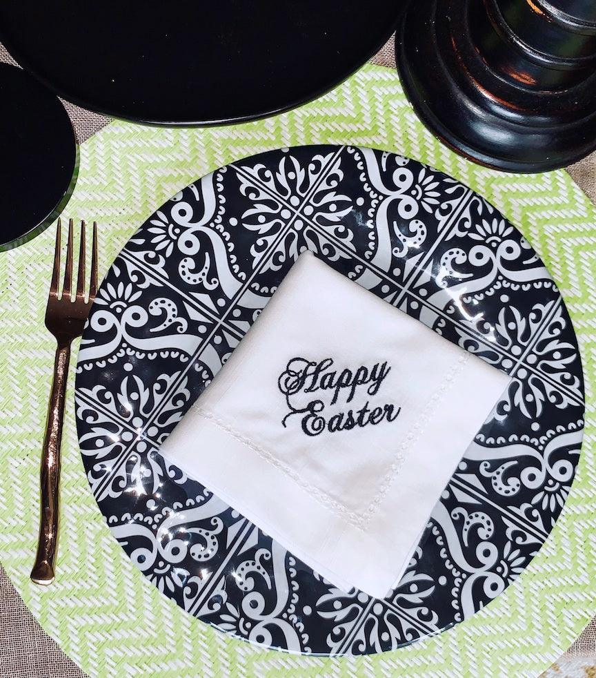 Happy Easter Ella Script Embroidered Cloth Napkins - Set of 4 - White Tulip Embroidery