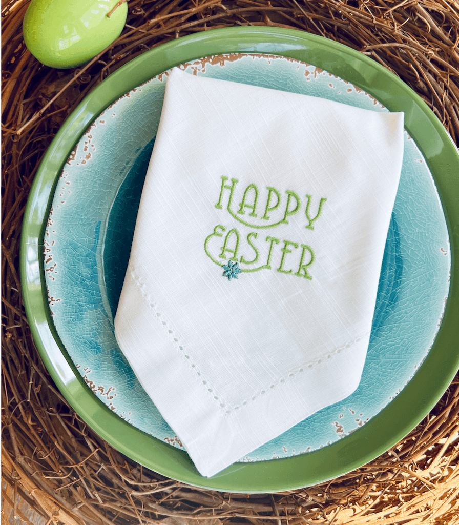 Happy Easter Embroidered Cloth Napkins - Set of 4 - White Tulip Embroidery