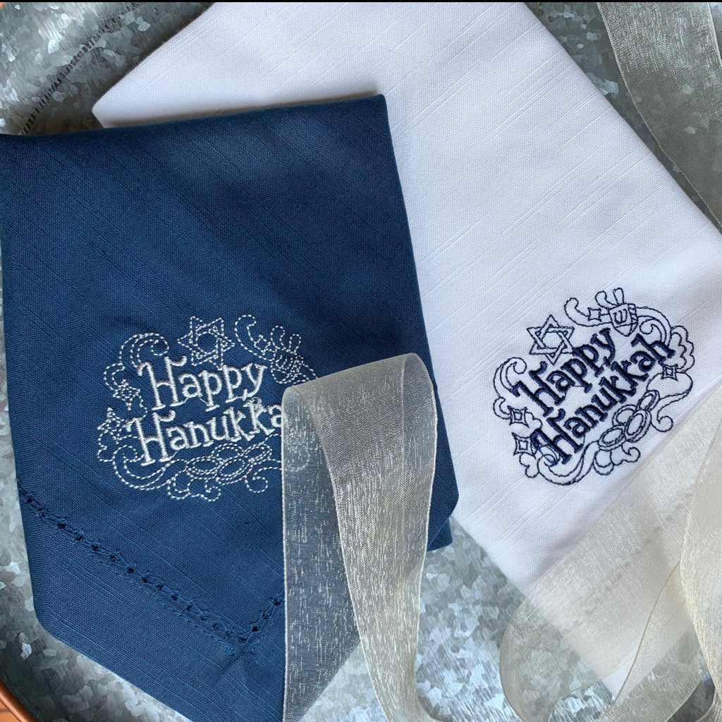 Happy Hanukkah Cloth Napkins - Set of 4 napkins - White Tulip Embroidery