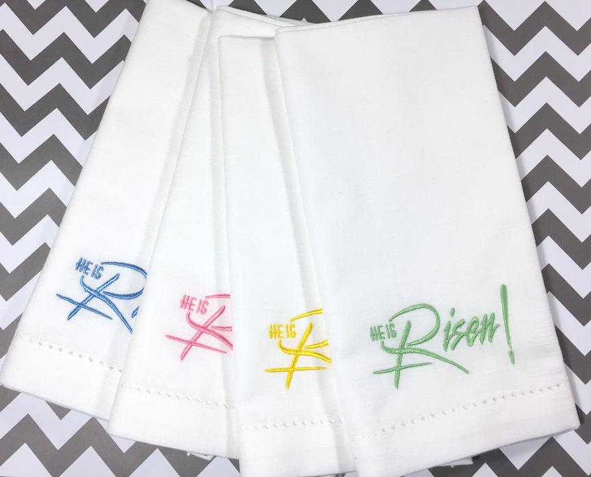 He Is Risen Easter Cloth Napkins - Set of 4 napkins - White Tulip Embroidery