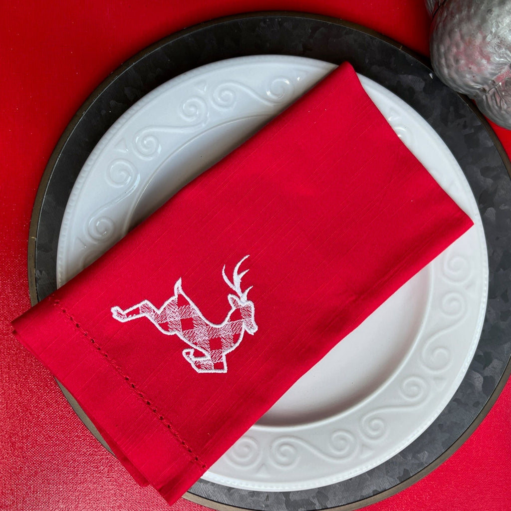Plaid Reindeer Napkins, Set of 4, Christmas cloth napkins, Plaid napkins, Reindeer embroidered napkins - White Tulip Embroidery