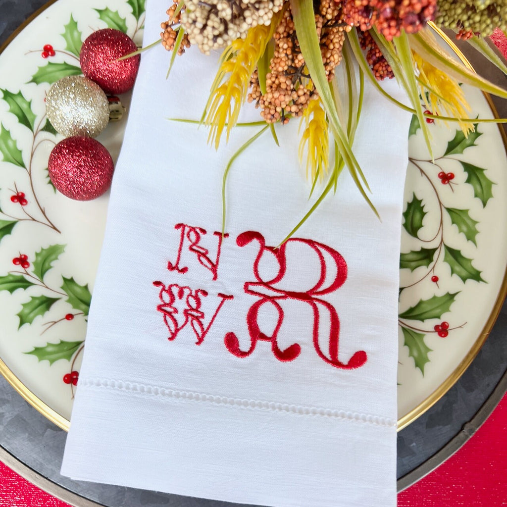 Ornate Monogrammed Embroidered Cloth Napkins,  Set of 4, Three letter monogram, wedding linens, embroidered napkins, Courtney block format - White Tulip Embroidery