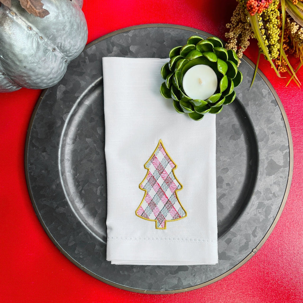 Plaid Christmas Tree Napkins, Set of 4, Christmas cloth napkins, Plaid napkins, Tree embroidered napkins - White Tulip Embroidery