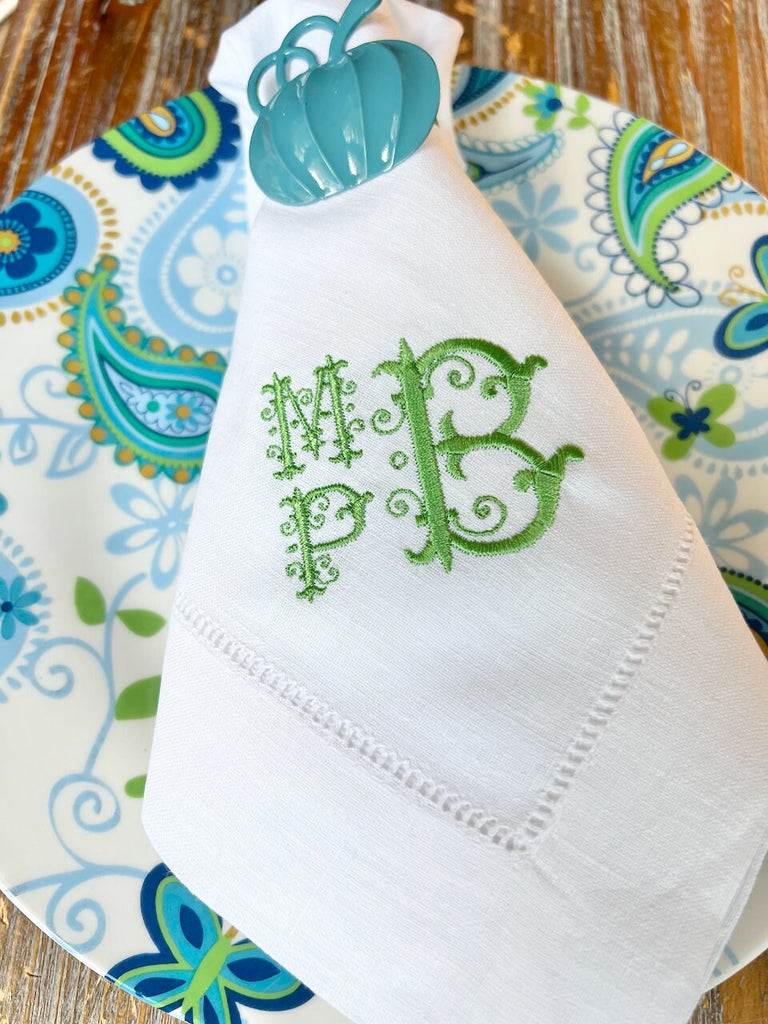 Ornate Monogrammed Embroidered Cloth Napkins,  Set of 4, Three letter monogram, wedding linens, embroidered napkins, sharon block format - White Tulip Embroidery