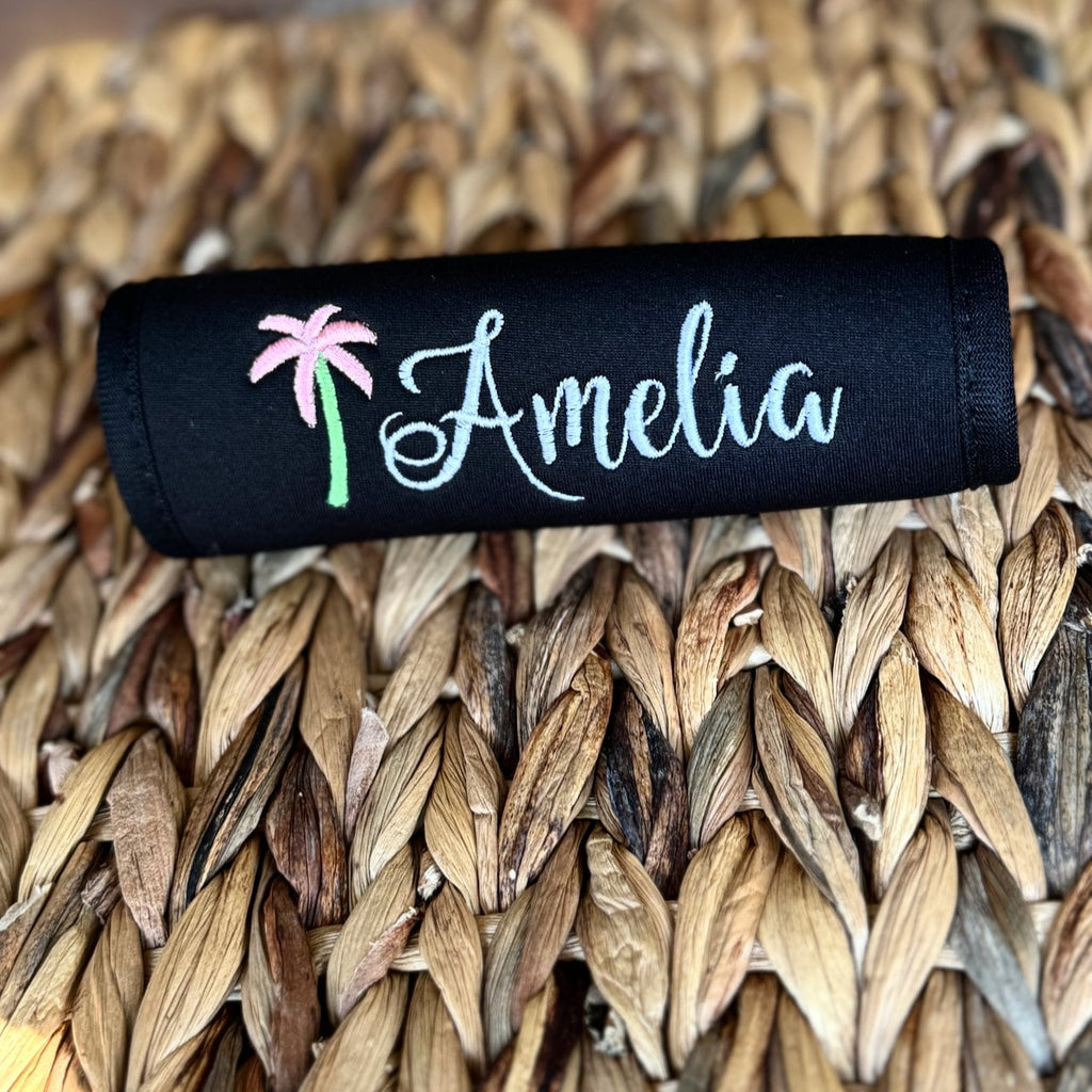 Palm Tree Name Luggage Handle Wrap Personalized and Embroidered, Name Suitcase Tag - White Tulip Embroidery