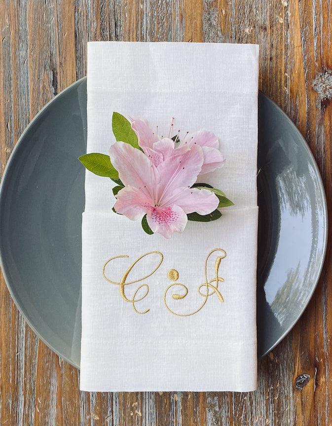 Ink Double Letter Monogrammed Cloth Napkins - Set of 4 Duogram Napkins - White Tulip Embroidery
