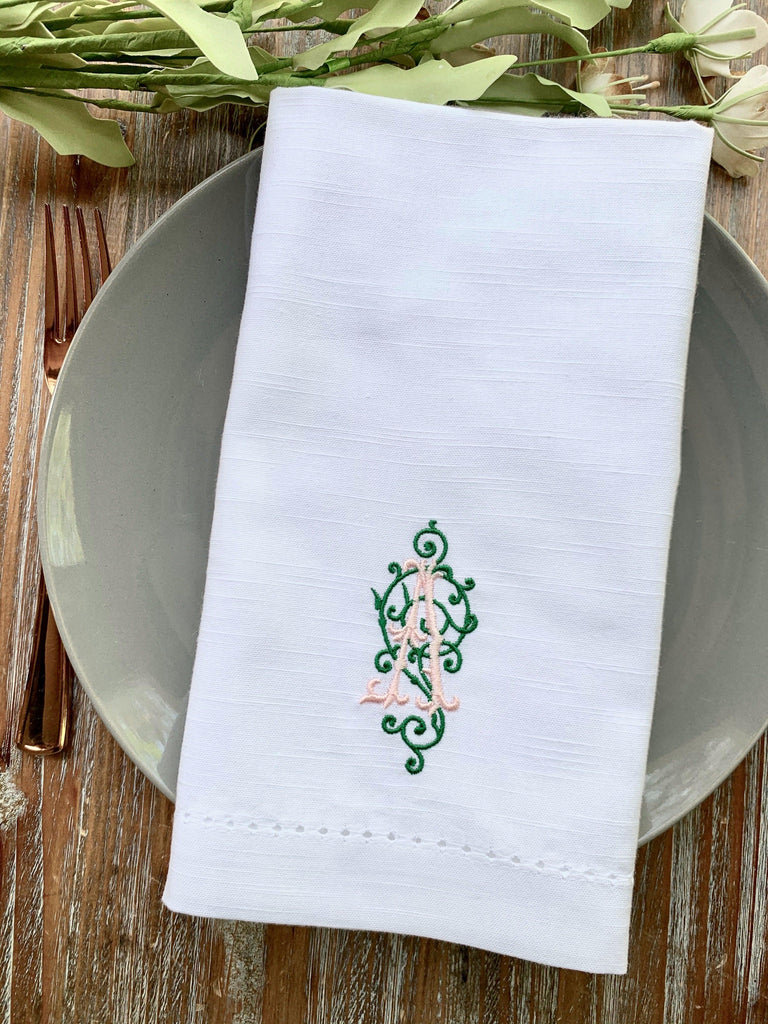 Iron Scroll Monogrammed Embroidered Cloth Napkins - Set of 4 napkins - White Tulip Embroidery