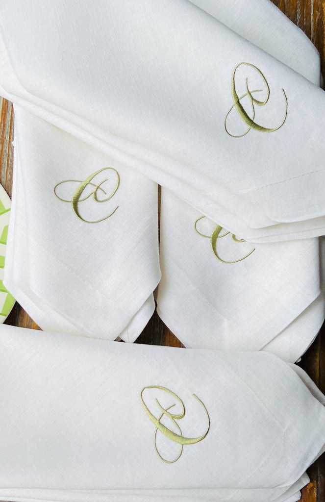 Joy Monogrammed Cloth Dinner Napkins - Set of 4 napkins - White Tulip Embroidery