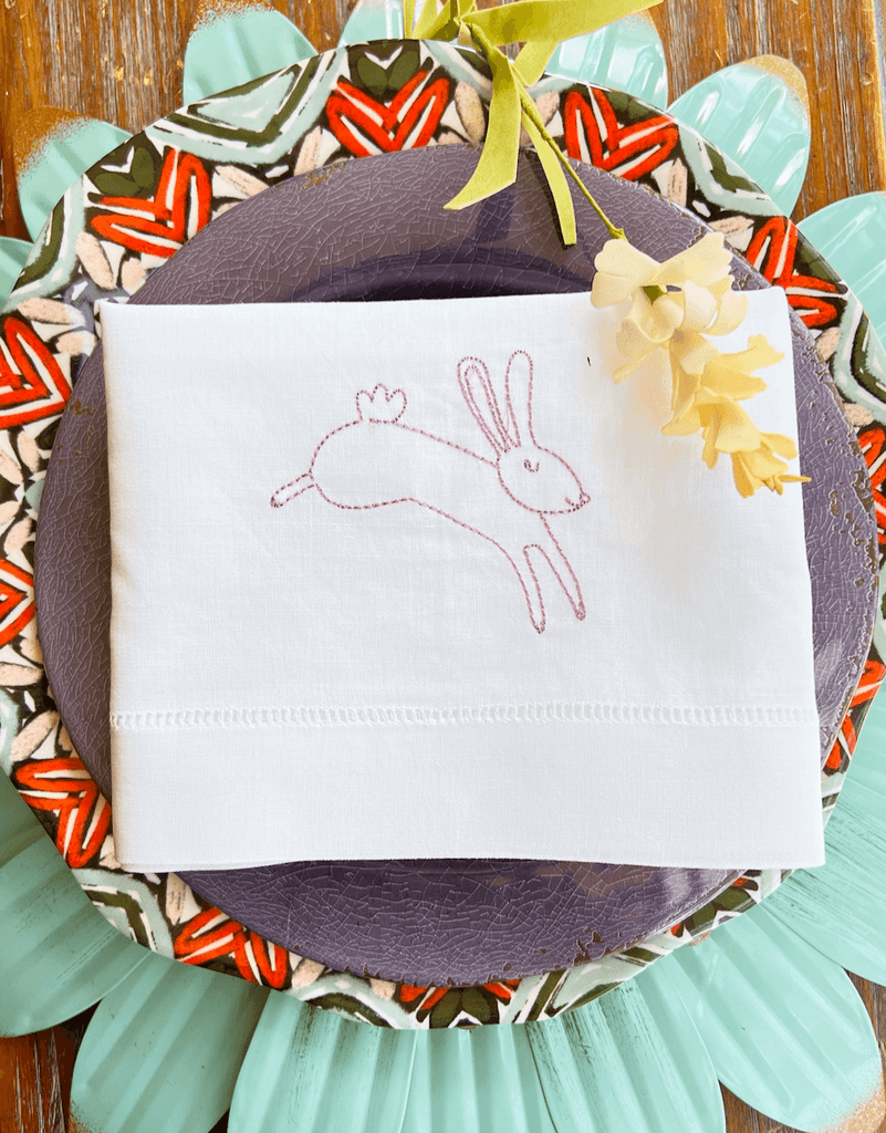 Jumping Easter Bunny Embroidered Cloth Napkins - Set of 4 napkins - White Tulip Embroidery