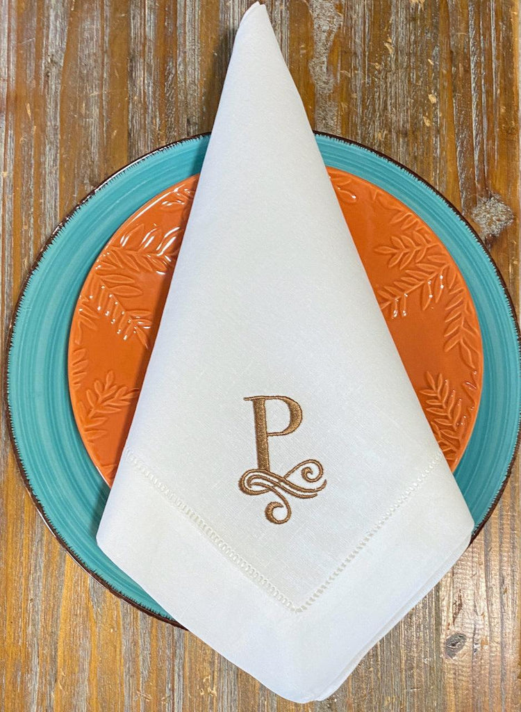 Lily Monogrammed Embroidered Cloth Dinner Napkins - Set of 4 napkins - White Tulip Embroidery