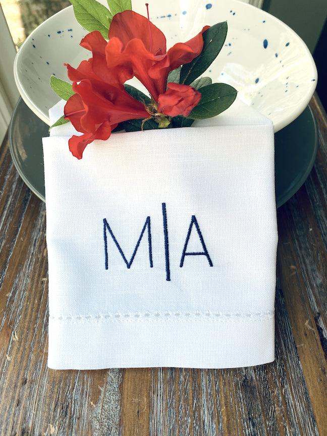 Line Double Initial Monogrammed Cloth Napkins - Set of 4 Duogram Napkins - White Tulip Embroidery