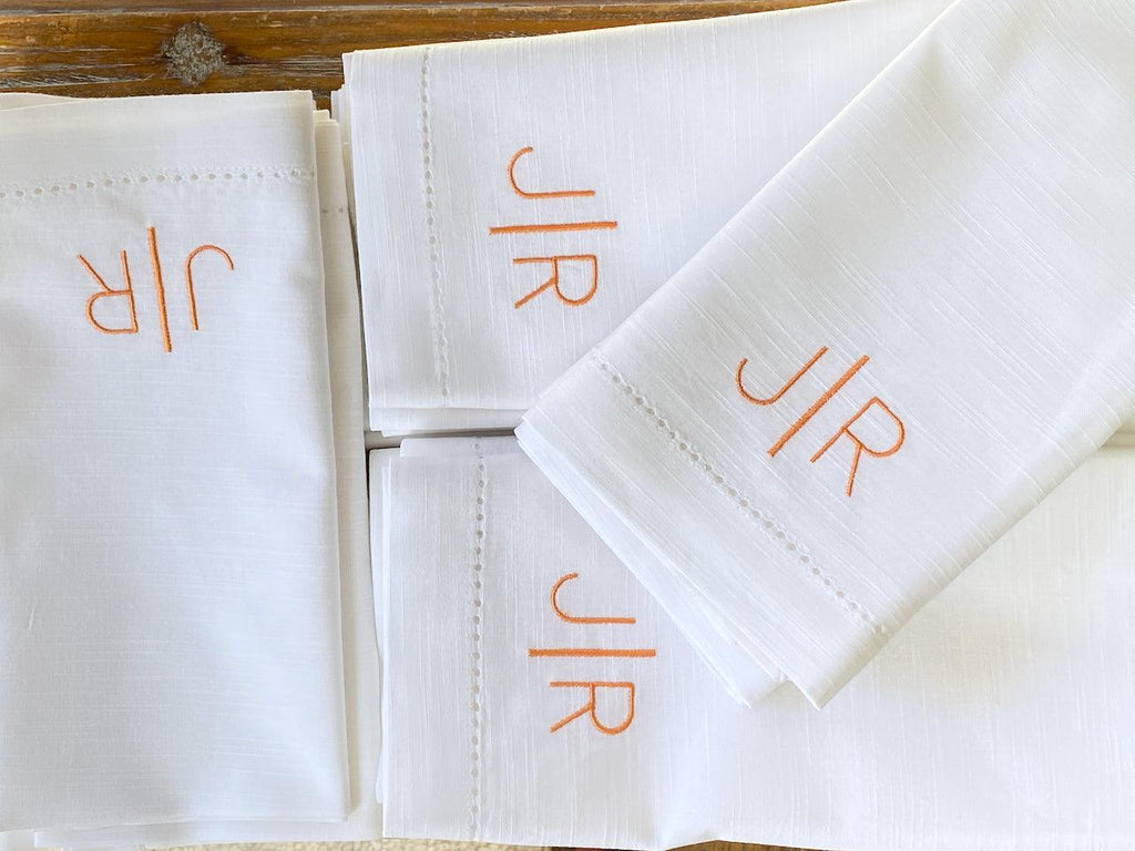 Line Double Initial Monogrammed Cloth Napkins - Set of 4 Duogram Napkins - White Tulip Embroidery