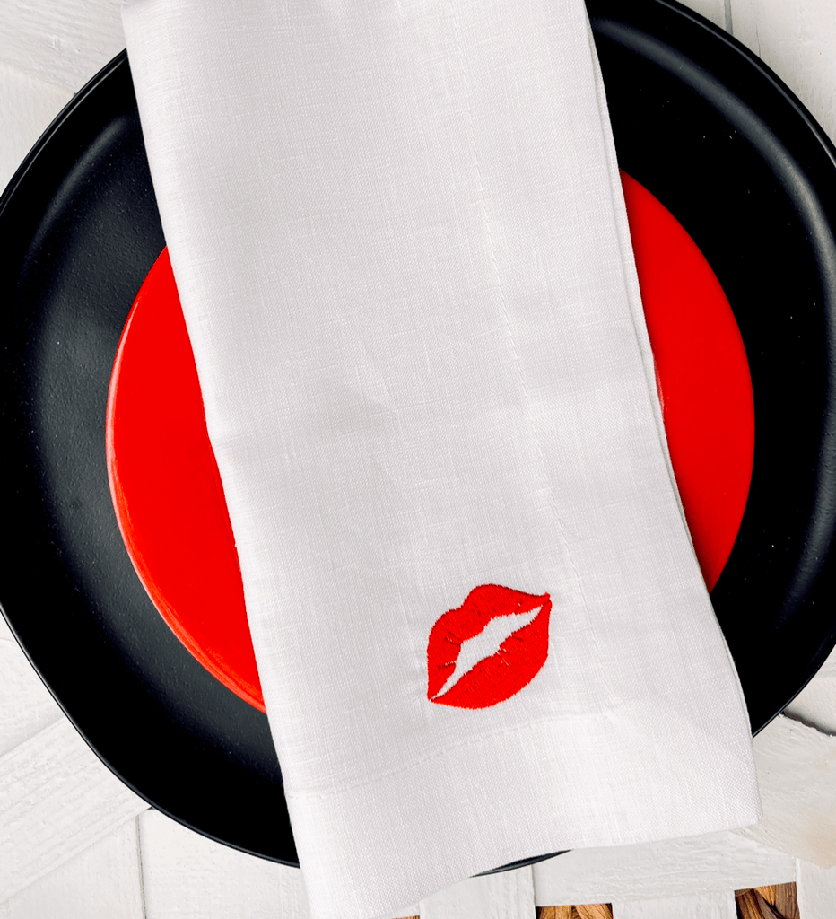 Lip Kiss Valentine's Day Cloth Napkins, Set of 4, Lipstick Napkins - White Tulip Embroidery