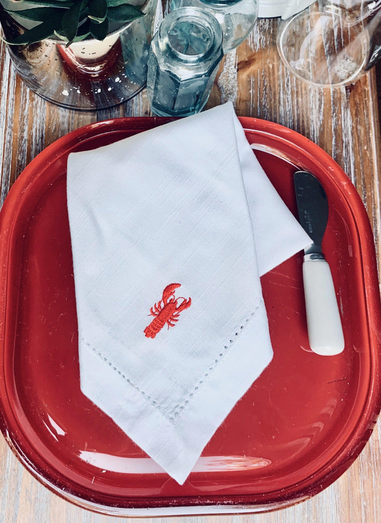 Lobster Embroidered Cloth Napkins - Set of 4 napkins - White Tulip Embroidery