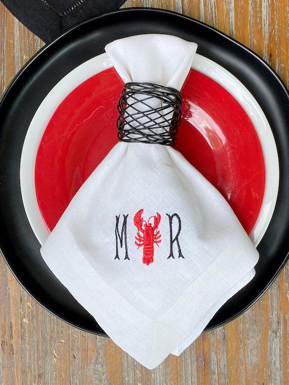 Lobster Monogrammed Cloth Napkins - Set of 4 Duogram Napkins - White Tulip Embroidery