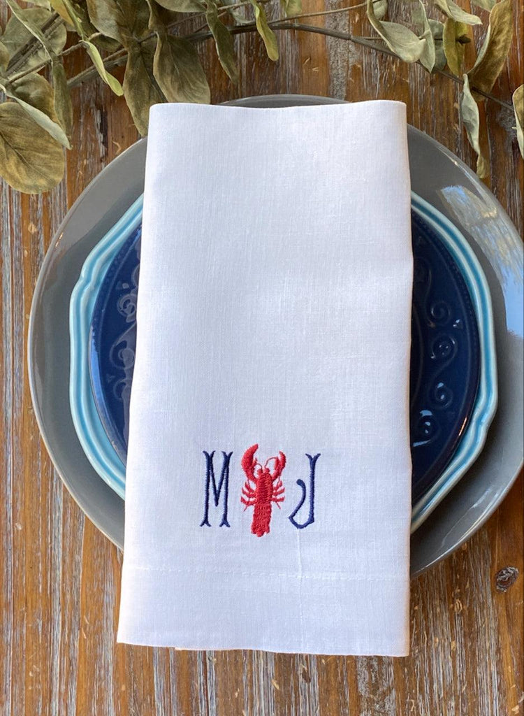 Lobster Monogrammed Cloth Napkins - Set of 4 Duogram Napkins - White Tulip Embroidery